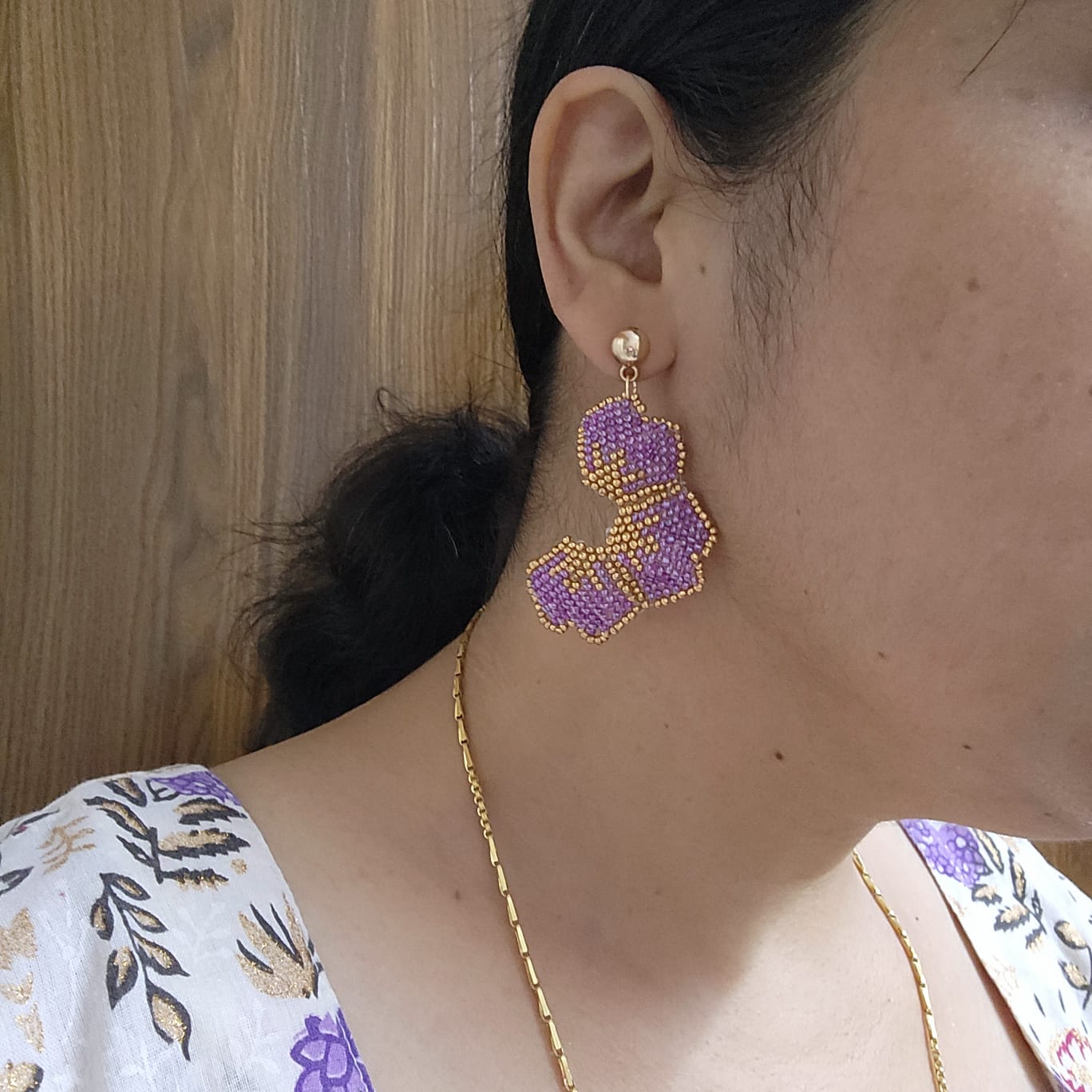 floral earrings for party wear earrings in purple gold seed beads earrings stud danglers large earrings for saree lehenga wedding sangeet mehendi reception party earrings