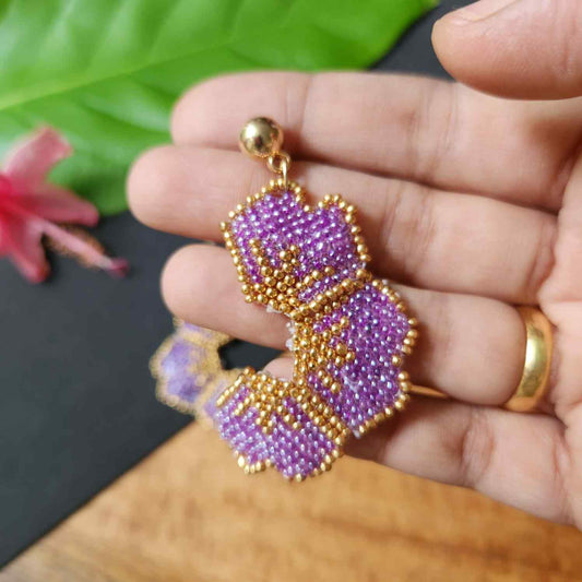 floral earrings for party wear earrings in purple gold seed beads earrings stud danglers large earrings for saree lehenga wedding sangeet mehendi reception party earrings