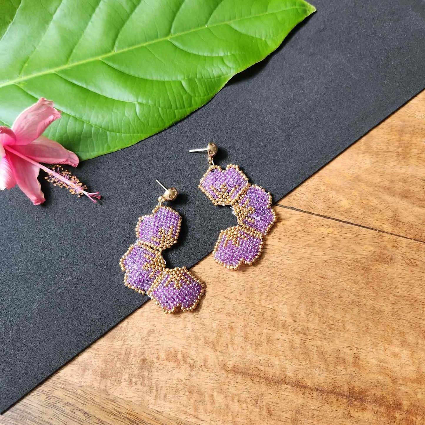 floral earrings for party wear earrings in purple gold seed beads earrings stud danglers large earrings for saree lehenga wedding sangeet mehendi reception party earrings
