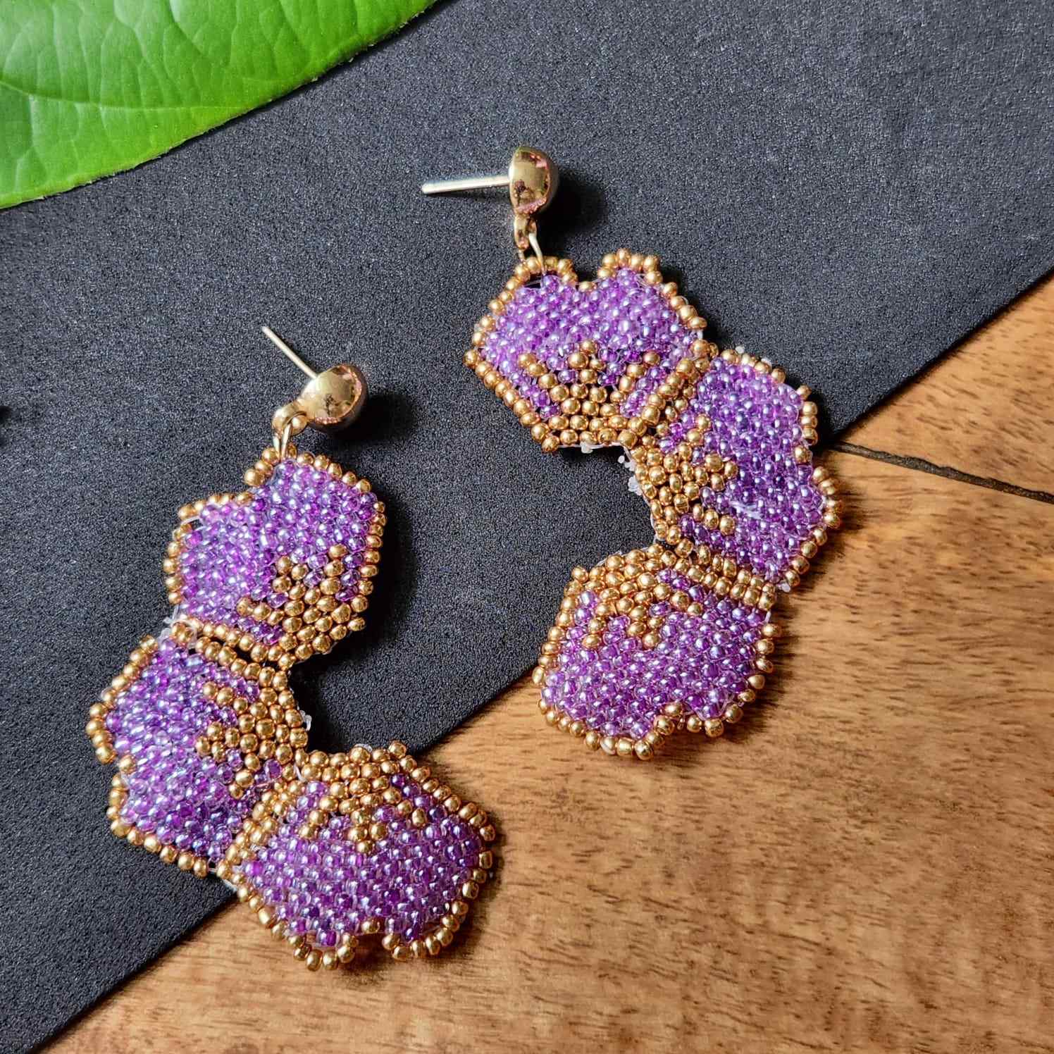 floral earrings for party wear earrings in purple gold seed beads earrings stud danglers large earrings for saree lehenga wedding sangeet mehendi reception party earrings
