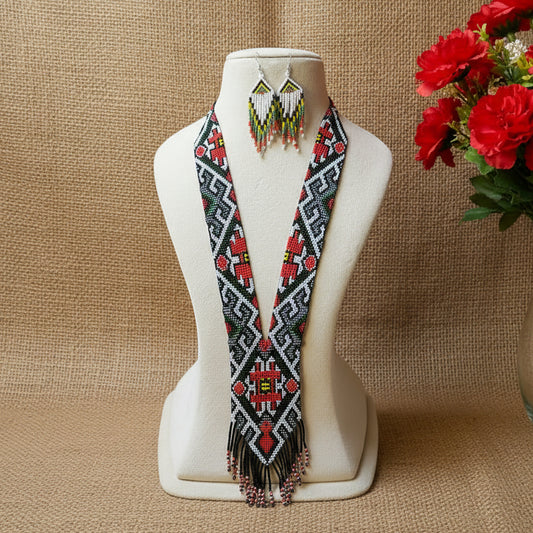 native american design geometric bead loom necklace with earrings navajo print design daily wear necklace set for office and party