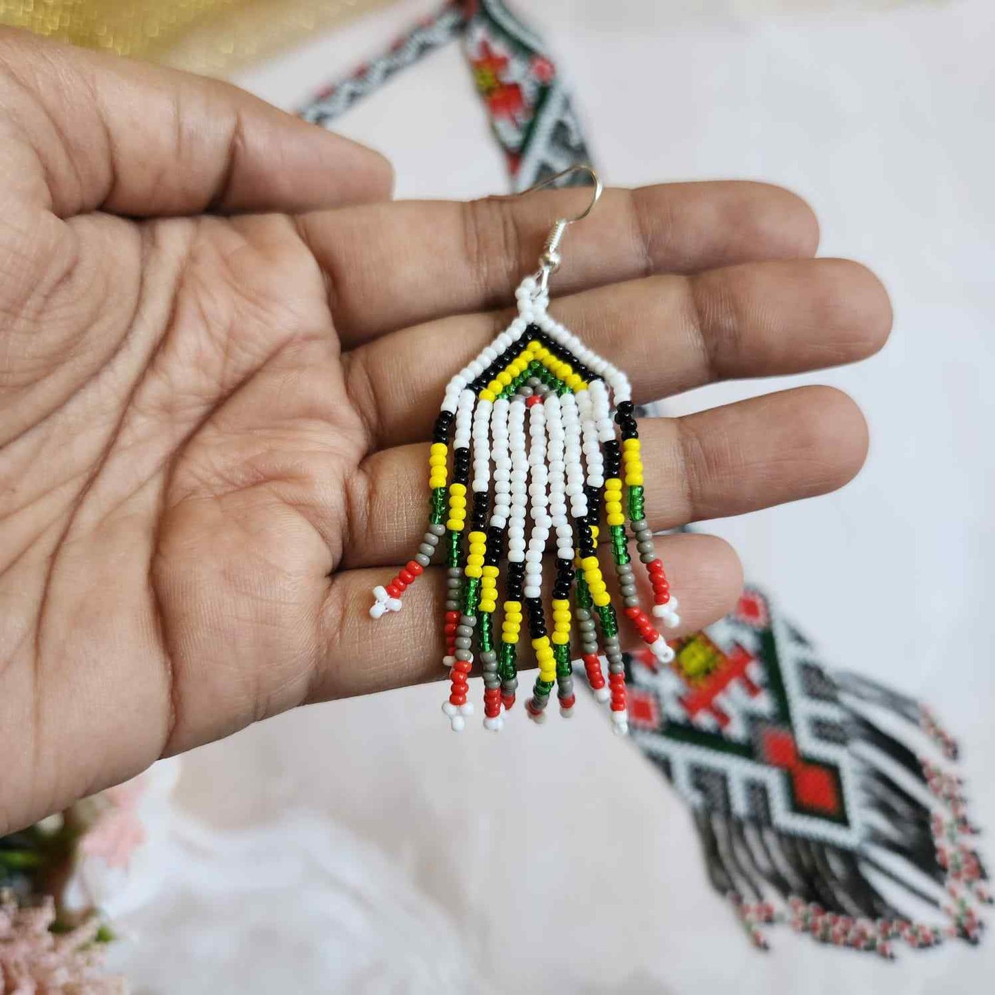 native american design geometric bead loom necklace with earrings navajo print design daily wear necklace set for office and party