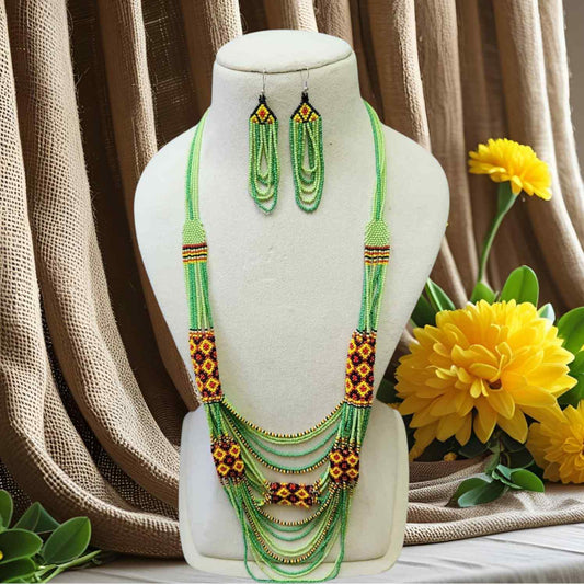 geometric bead necklace set orange yellow green necklace for haldi shaadi mehndi sangeet