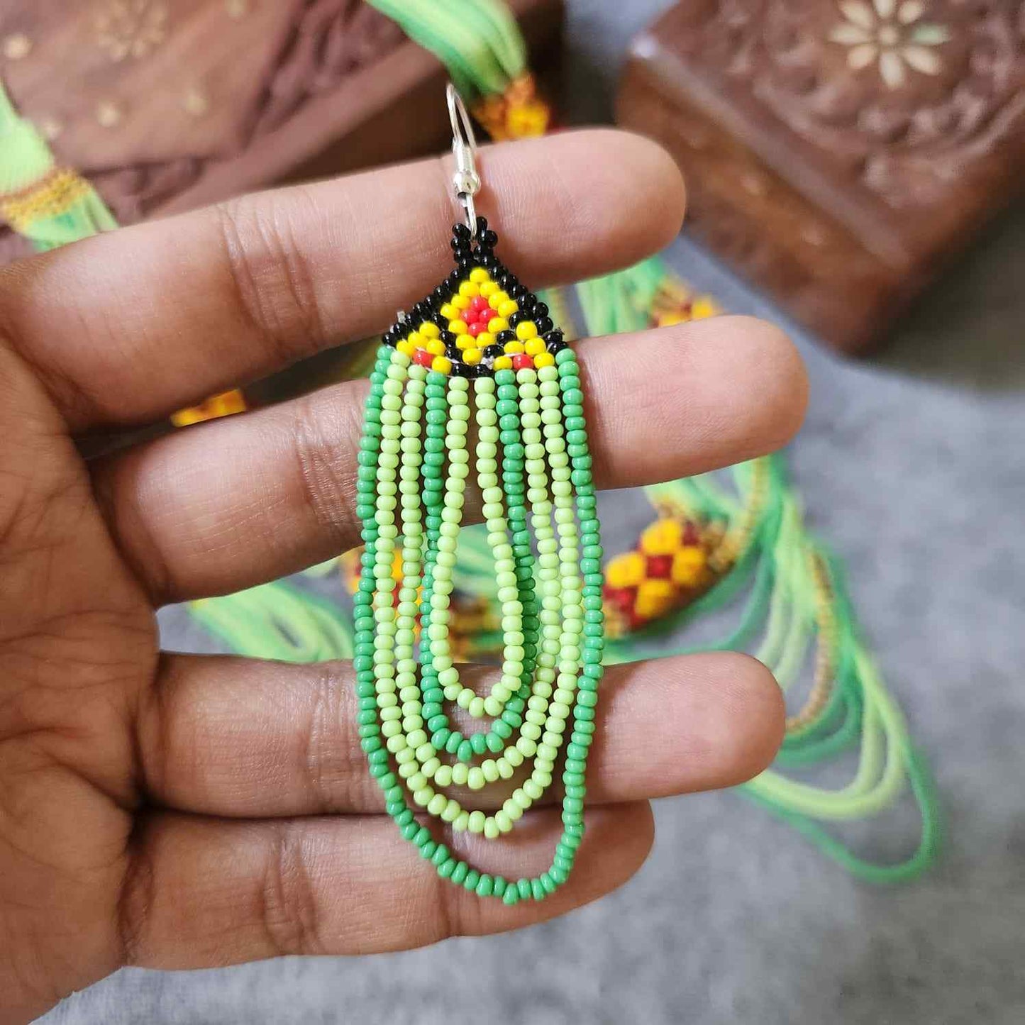 geometric bead necklace set orange yellow green necklace for haldi shaadi mehndi sangeet