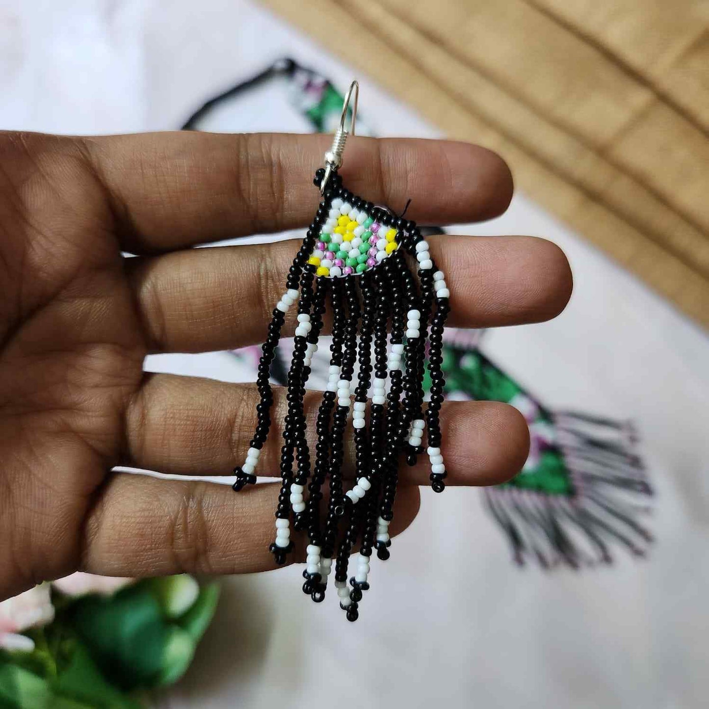 black purple hibiscus floral necklace layered bead necklace for party dangler earrings for office wear haldi wedding wear necklace set