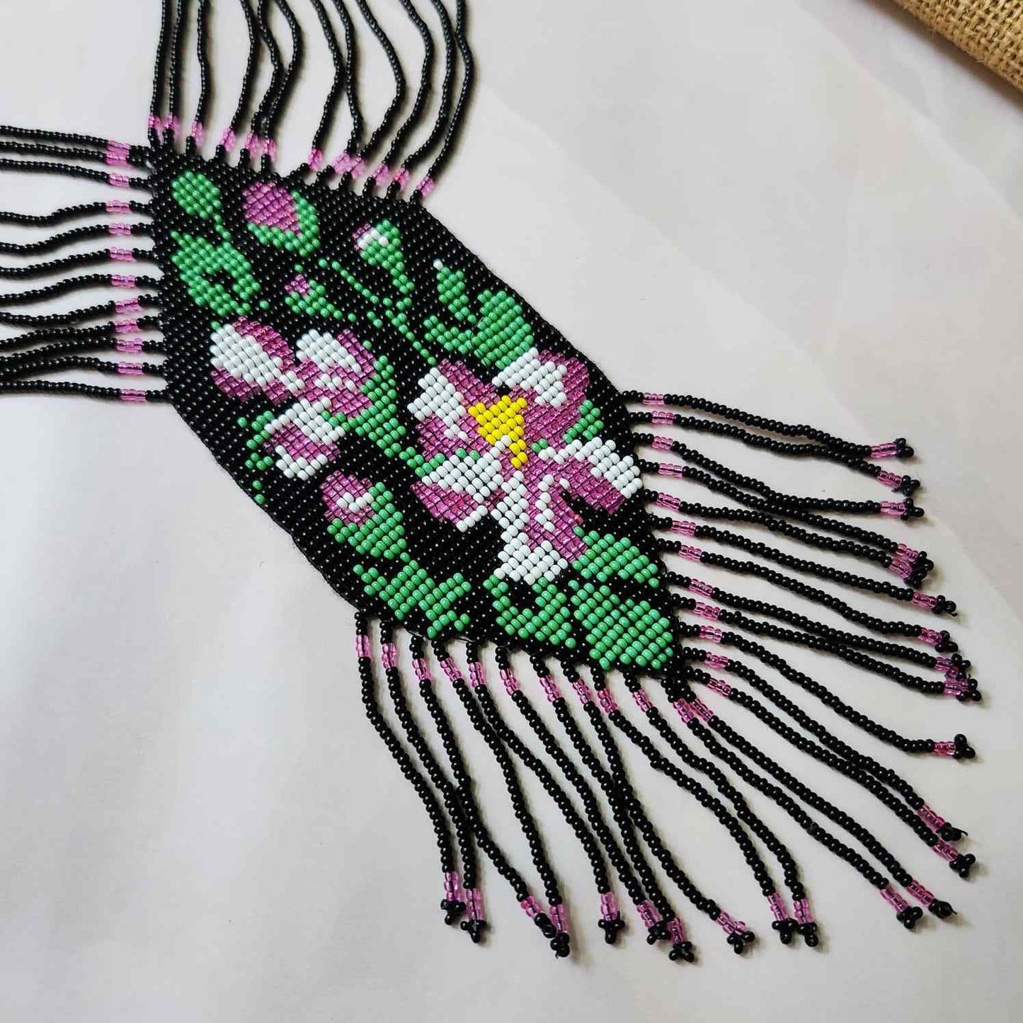 black purple hibiscus floral necklace layered bead necklace for party dangler earrings for office wear haldi wedding wear necklace set