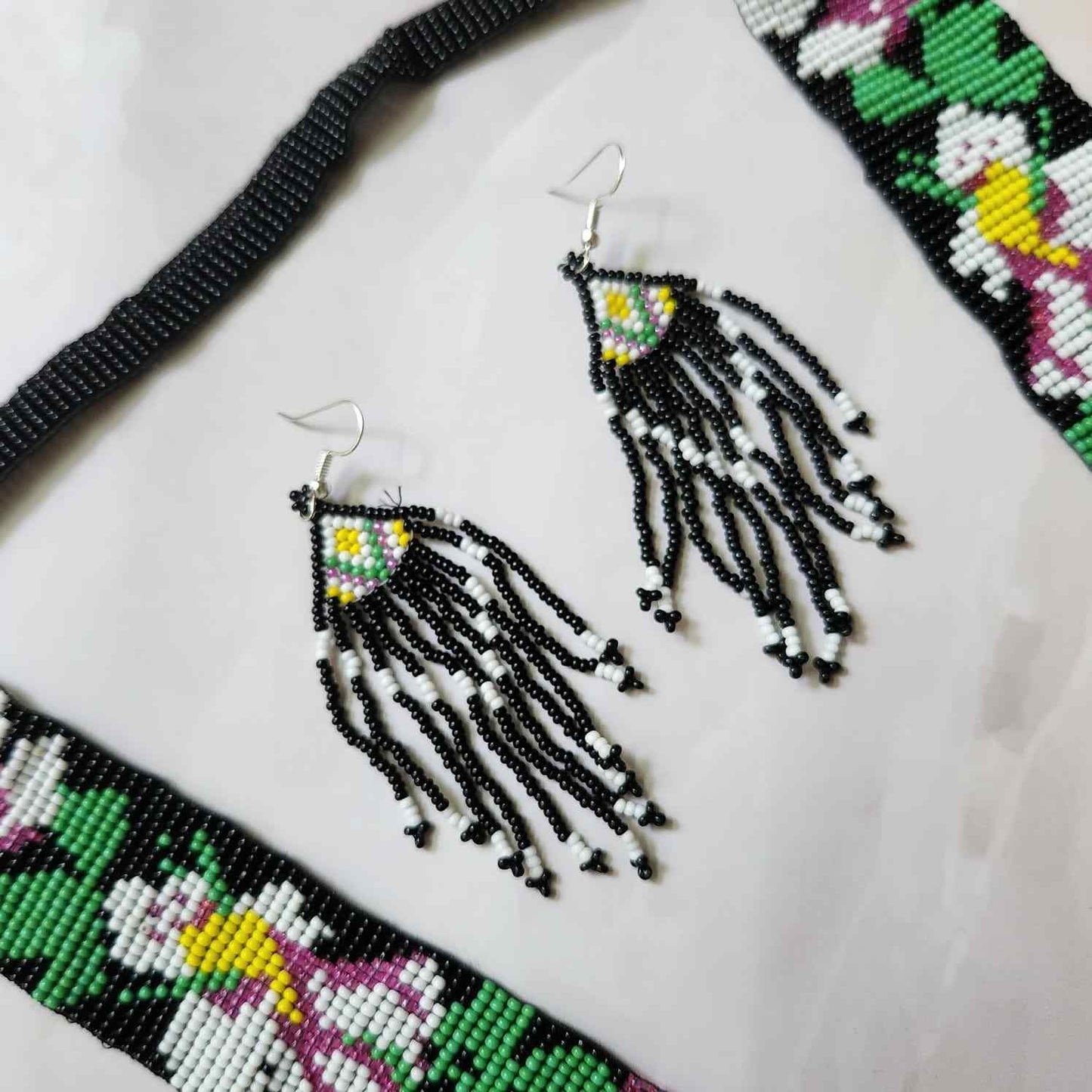 black purple hibiscus floral necklace layered bead necklace for party dangler earrings for office wear haldi wedding wear necklace set