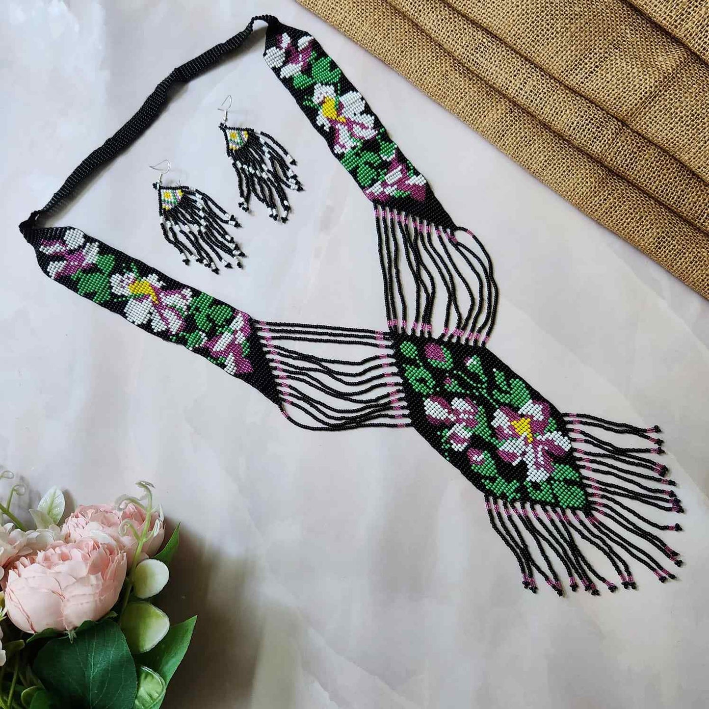 black purple hibiscus floral necklace layered bead necklace for party dangler earrings for office wear haldi wedding wear necklace set
