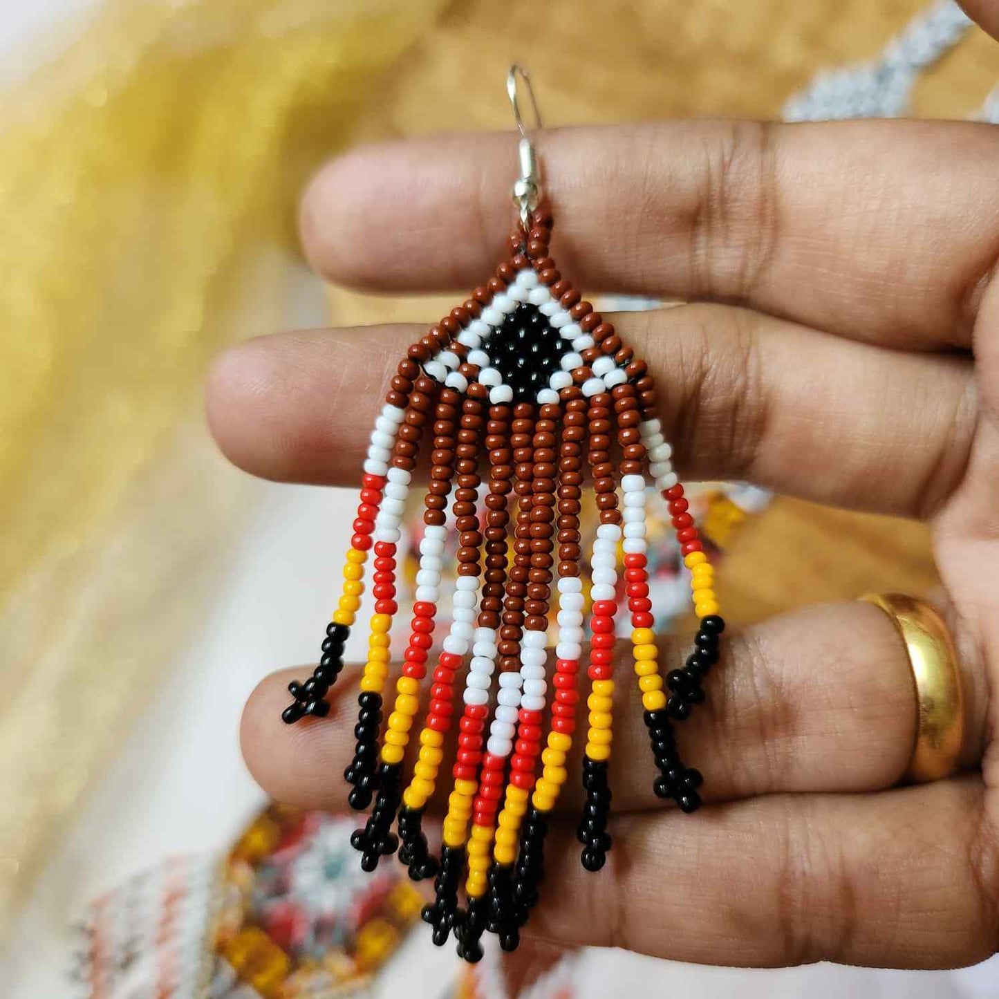 geometric bead necklace set orange yellow green necklace for haldi shaadi mehndi sangeet checker board design independence day