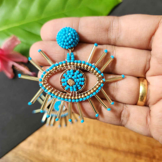 evil eye earrings for party wear earrings in blue white black seed beads earrings stud danglers large earrings for saree lehenga wedding sangeet mehendi reception party earrings