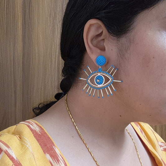 evil eye earrings for party wear earrings in blue gold seed beads earrings stud danglers large earrings for saree lehenga wedding sangeet mehendi reception party earrings