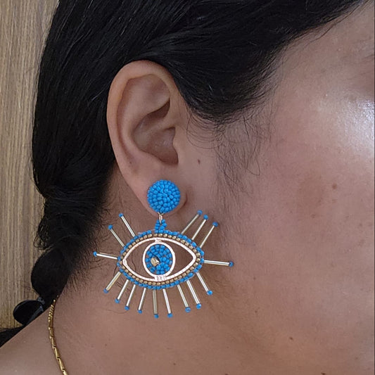 evil eye earrings for party wear earrings in blue gold seed beads earrings stud danglers large earrings for saree lehenga wedding sangeet mehendi reception party earrings