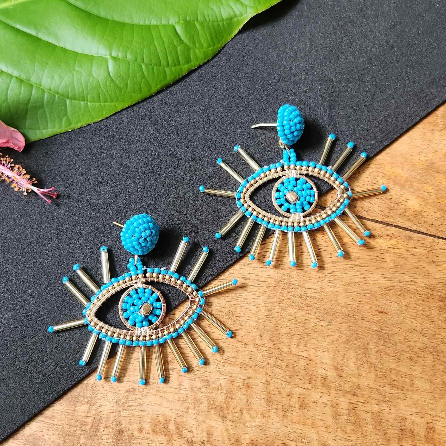 evil eye earrings for party wear earrings in blue gold seed beads earrings stud danglers large earrings for saree lehenga wedding sangeet mehendi reception party earrings