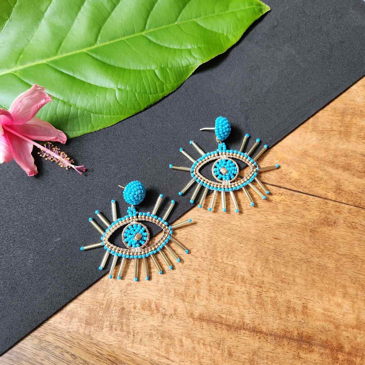 evil eye earrings for party wear earrings in blue gold seed beads earrings stud danglers large earrings for saree lehenga wedding sangeet mehendi reception party earrings