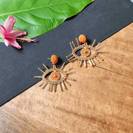 evil eye earrings for party wear earrings in orange gold seed beads earrings stud danglers large earrings for saree lehenga wedding sangeet mehendi reception party earrings