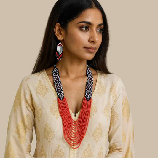 model wearing red coral geometric necklace formal necklace party necklace function wedding mehendi sangeet gift for her