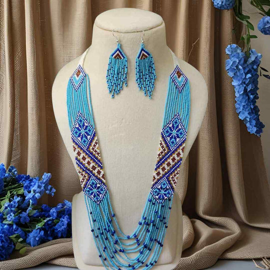blue geometric necklace layered bead necklace for party dangler earrings for office wear haldi wedding wear necklace set