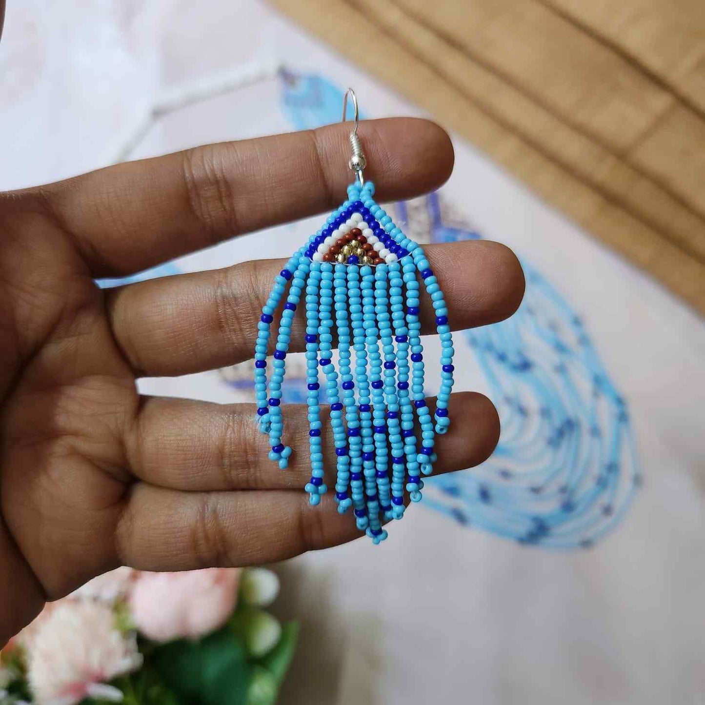 blue geometric necklace layered bead necklace for party dangler earrings for office wear haldi wedding wear necklace set