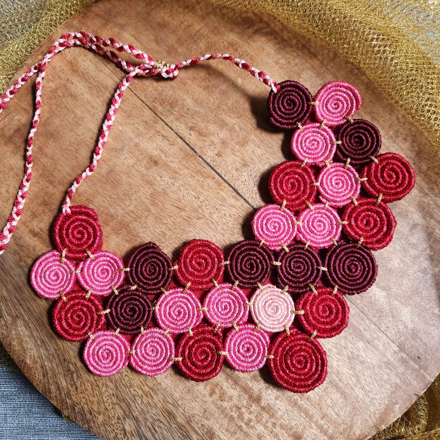 spiral motif necklace pink red necklace for party wear unusual quirky necklace for party metal free jewellery