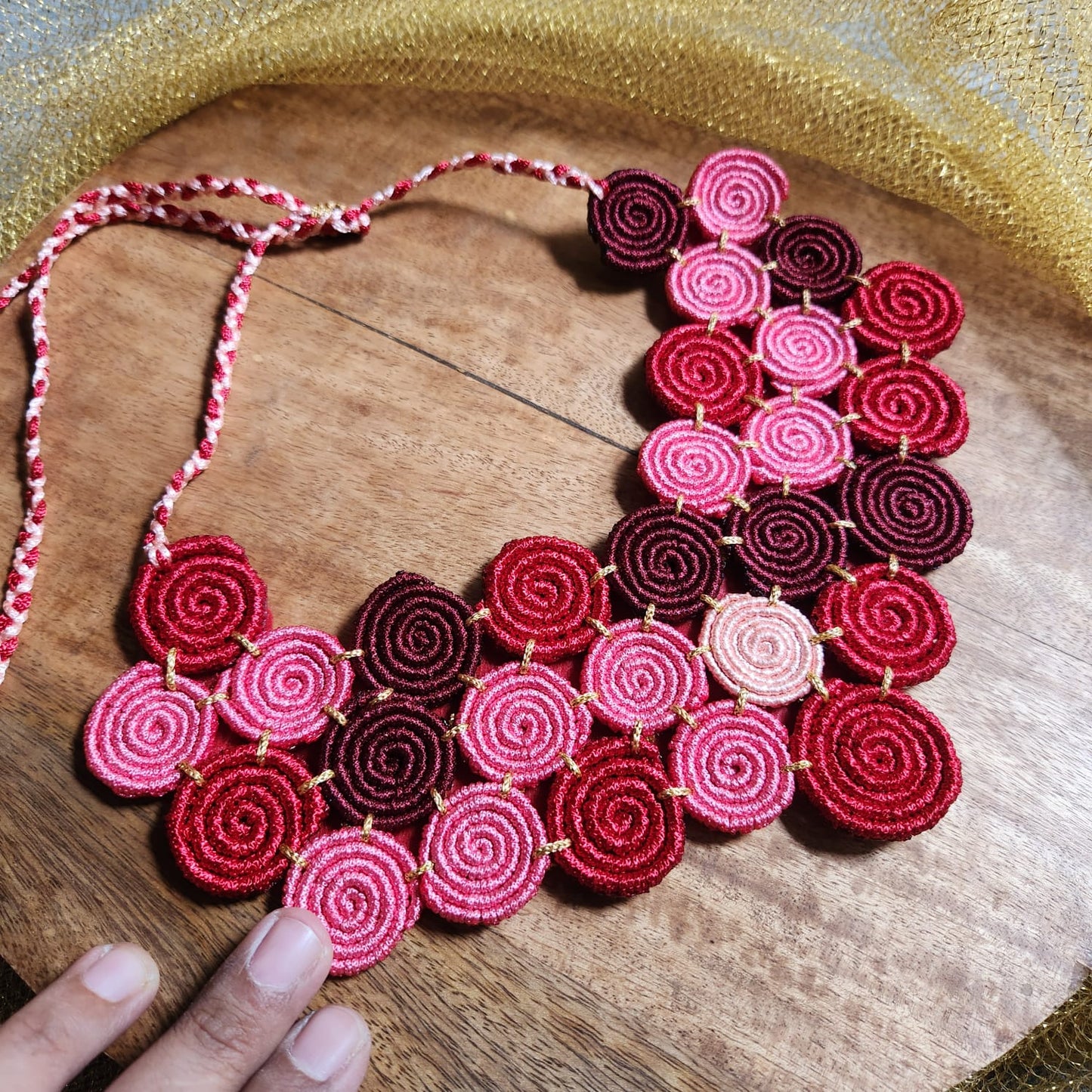 spiral motif necklace pink red necklace for party wear unusual quirky necklace for party metal free jewellery