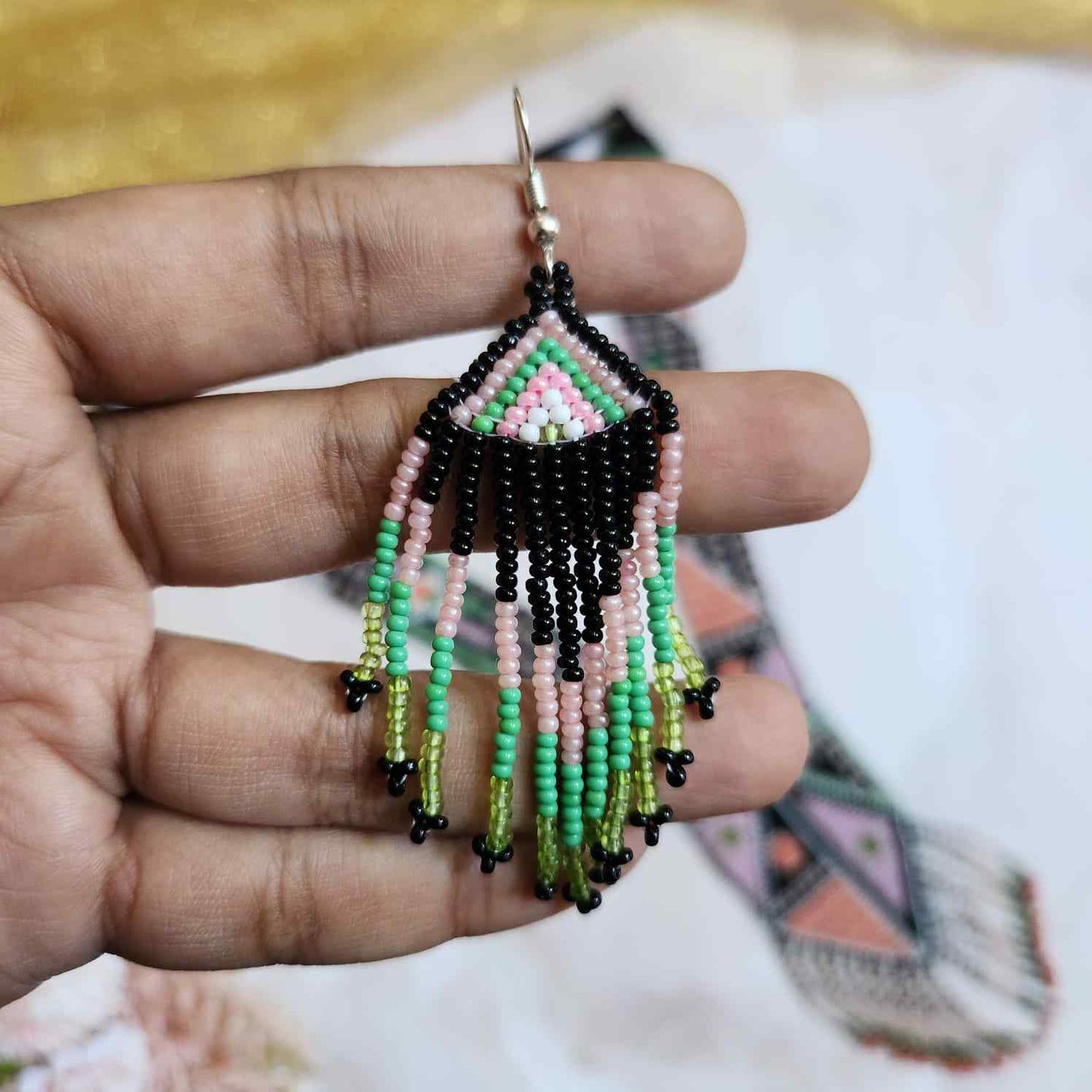 native american design geometric bead loom necklace with earrings navajo print design daily wear necklace set for office and party