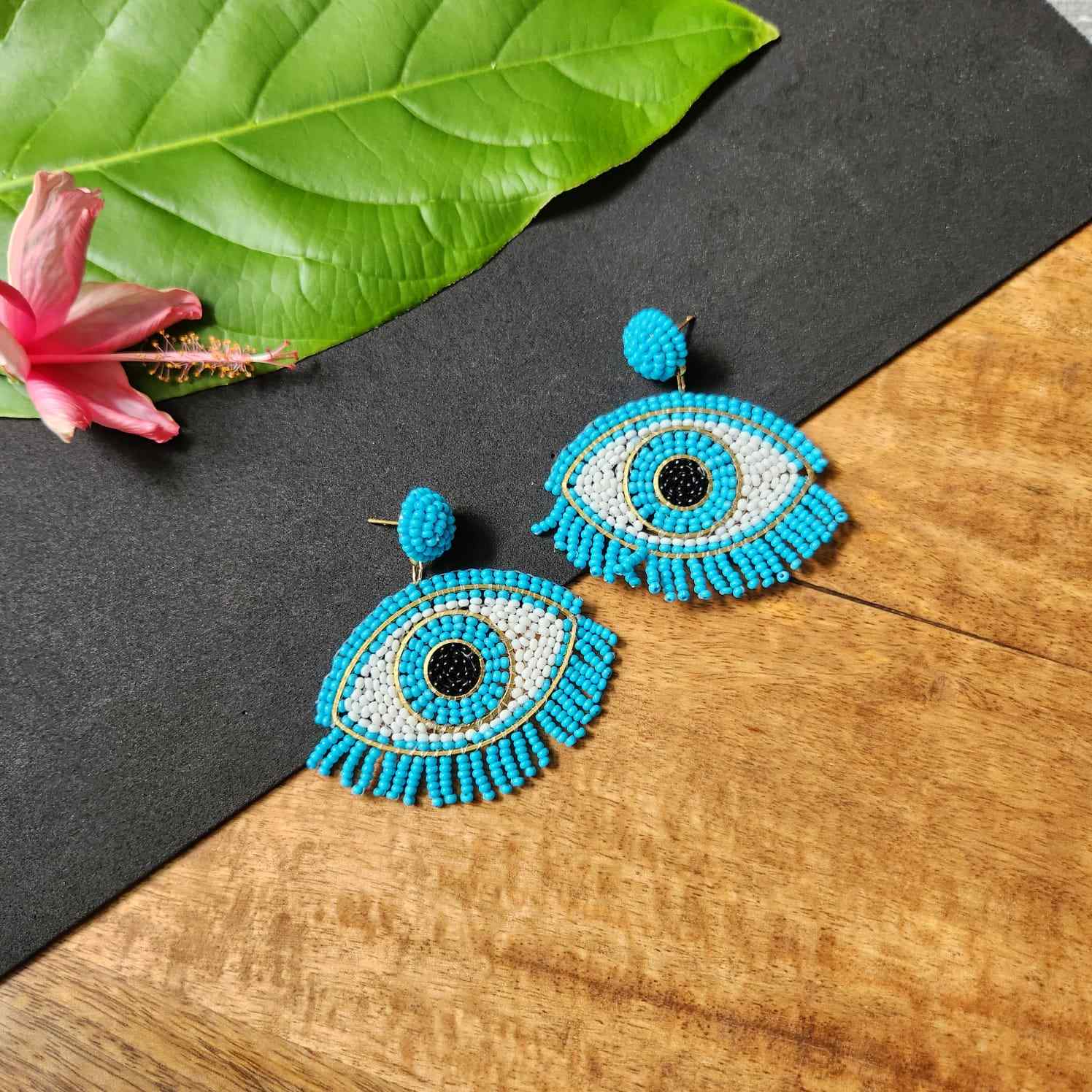 evil eye earrings for party wear earrings in blue white black seed beads earrings stud danglers large earrings for saree lehenga wedding sangeet mehendi reception party earrings