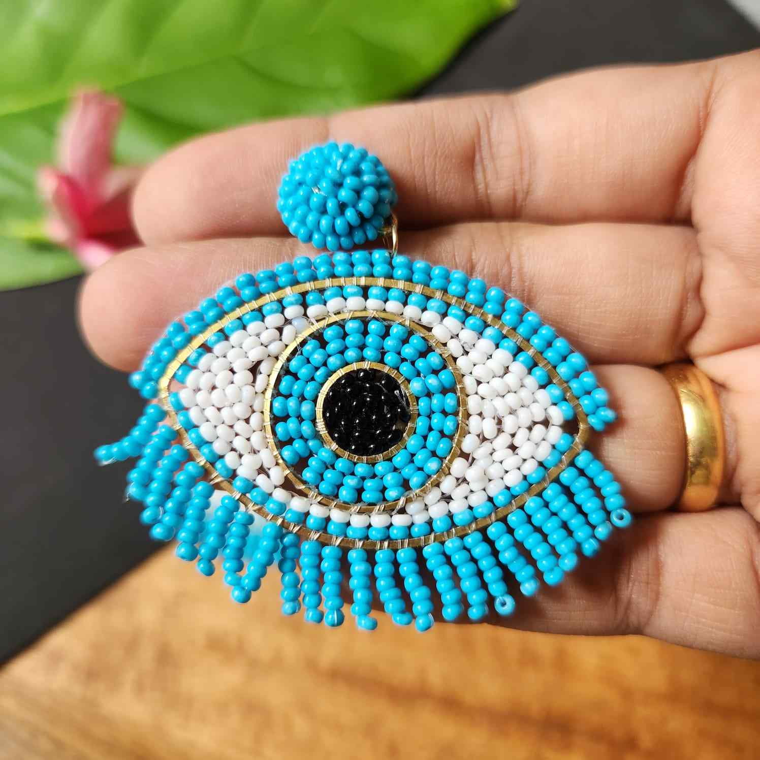 evil eye earrings for party wear earrings in blue white black seed beads earrings stud danglers large earrings for saree lehenga wedding sangeet mehendi reception party earrings