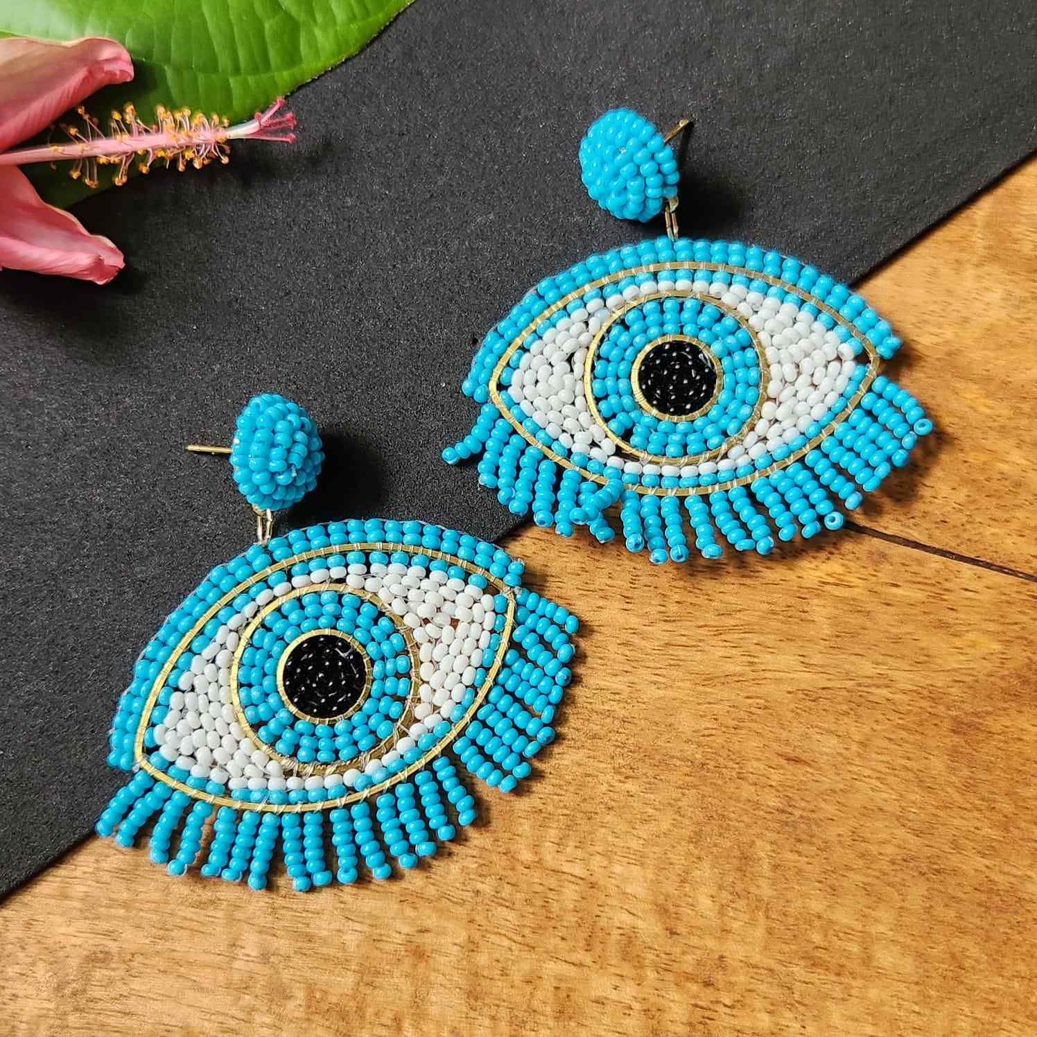 evil eye earrings for party wear earrings in blue white black seed beads earrings stud danglers large earrings for saree lehenga wedding sangeet mehendi reception party earrings