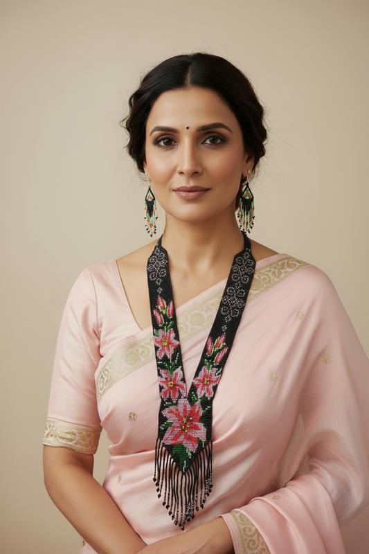 Svadhya black floral geometric beadloom necklace set
