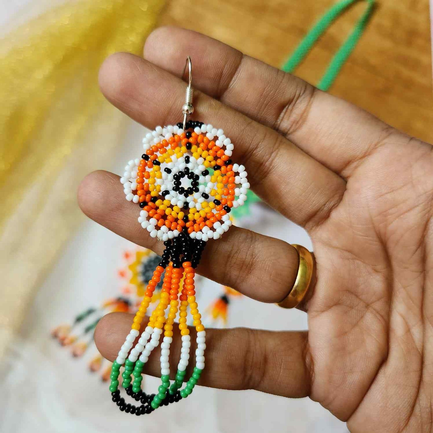 floral bead necklace set orange yellow flower necklace for haldi shaadi mehndi sangeet independence day