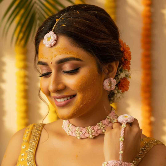 Daisy baby pink bridal bead jewellery set