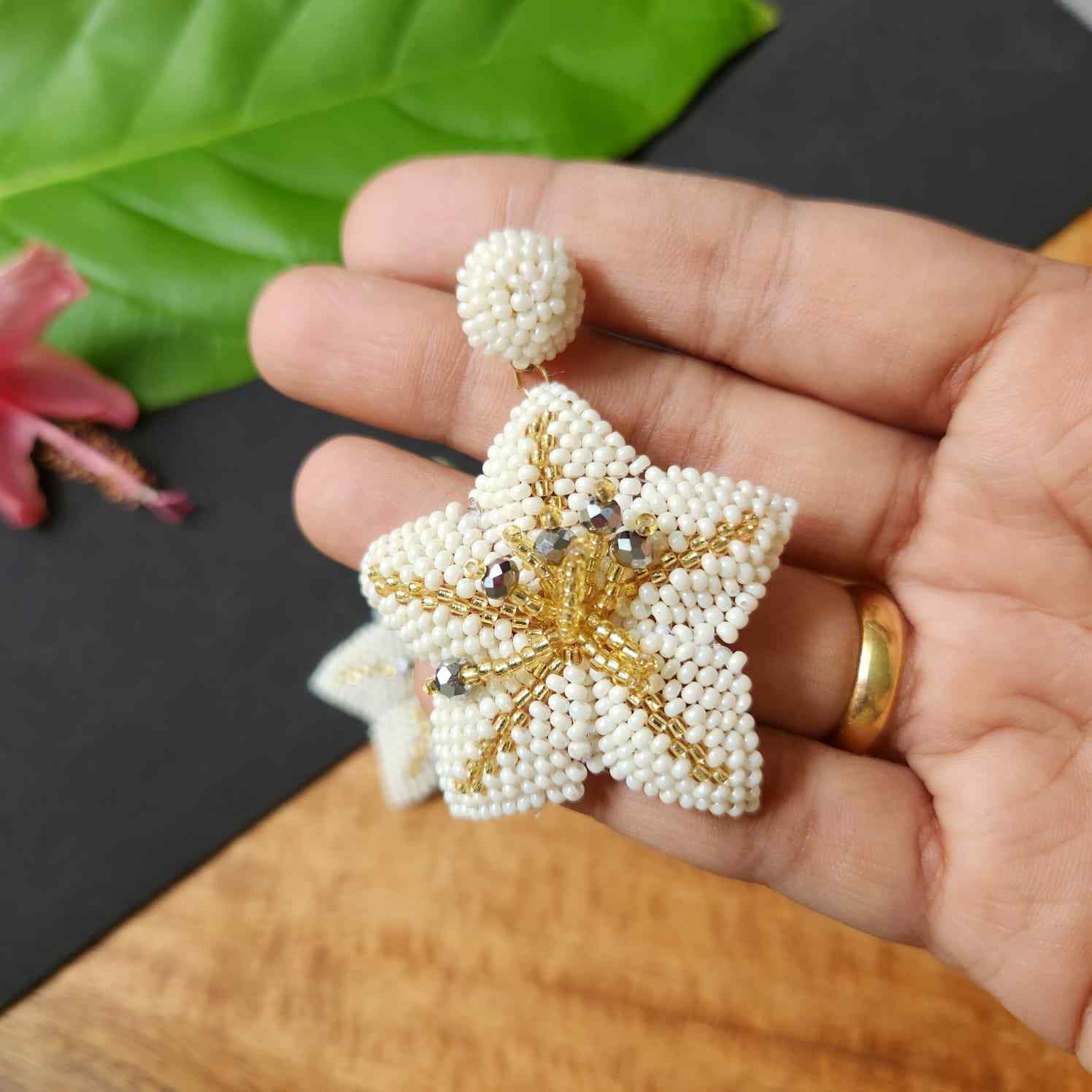 floral earrings for party wear earrings in cream gold seed beads star earrings stud danglers large earrings for saree lehenga wedding sangeet mehendi reception party earrings