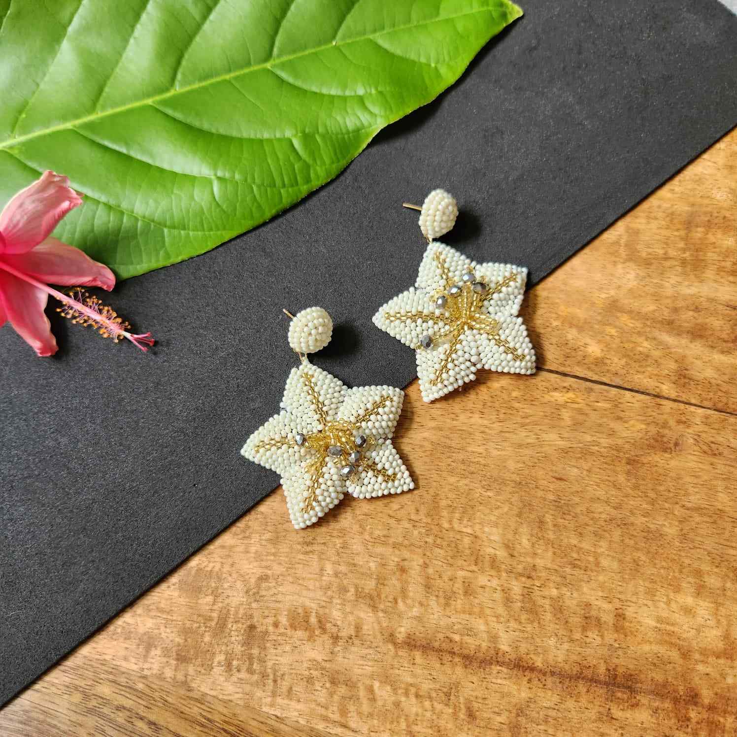 floral earrings for party wear earrings in cream gold seed beads star earrings stud danglers large earrings for saree lehenga wedding sangeet mehendi reception party earrings