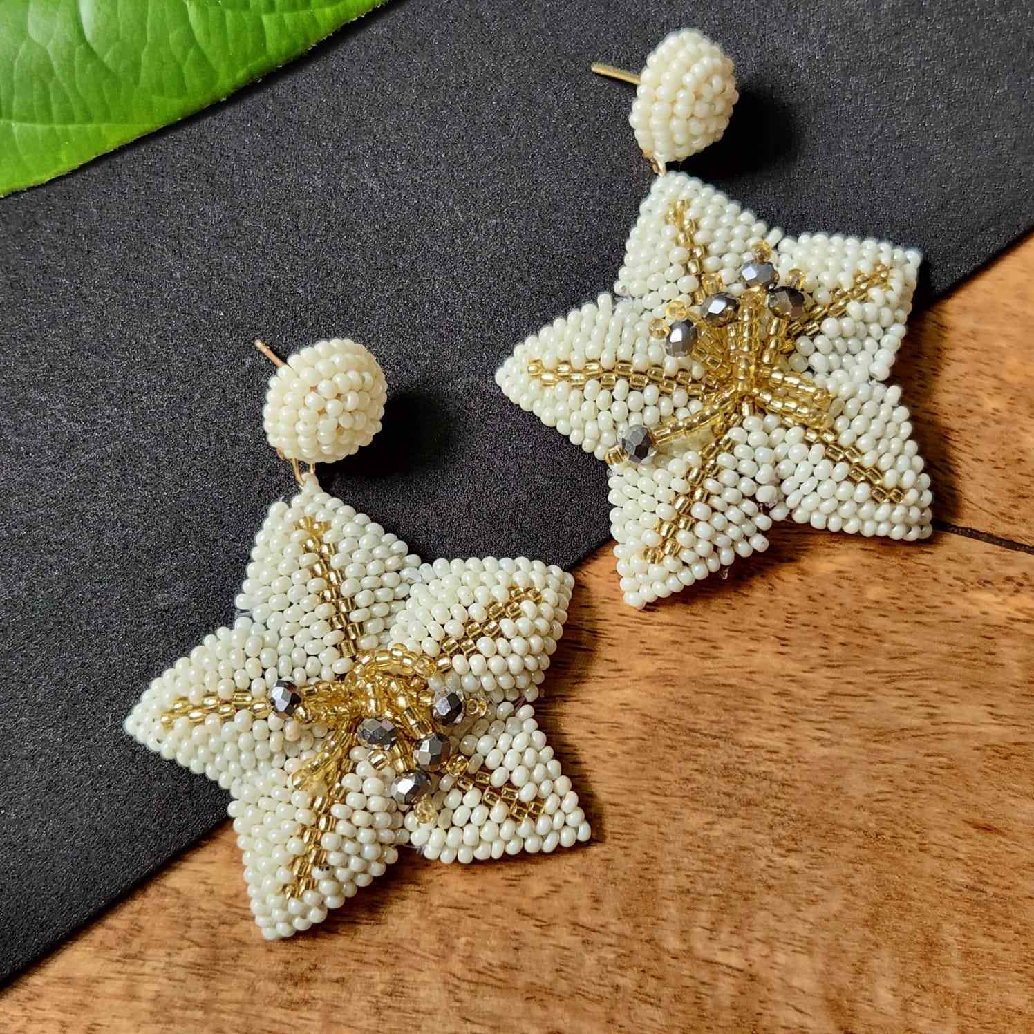 floral earrings for party wear earrings in cream gold seed beads star earrings stud danglers large earrings for saree lehenga wedding sangeet mehendi reception party earrings