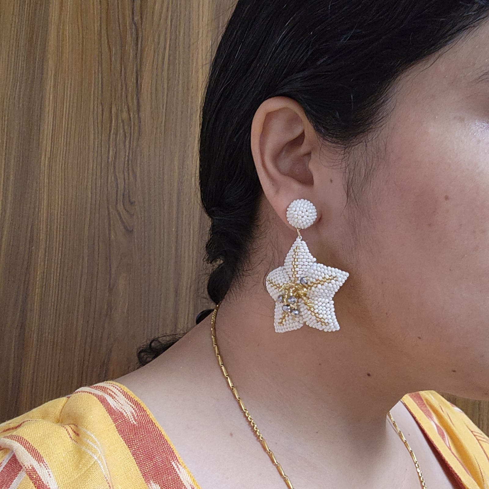 floral earrings for party wear earrings in cream gold seed beads star earrings stud danglers large earrings for saree lehenga wedding sangeet mehendi reception party earrings