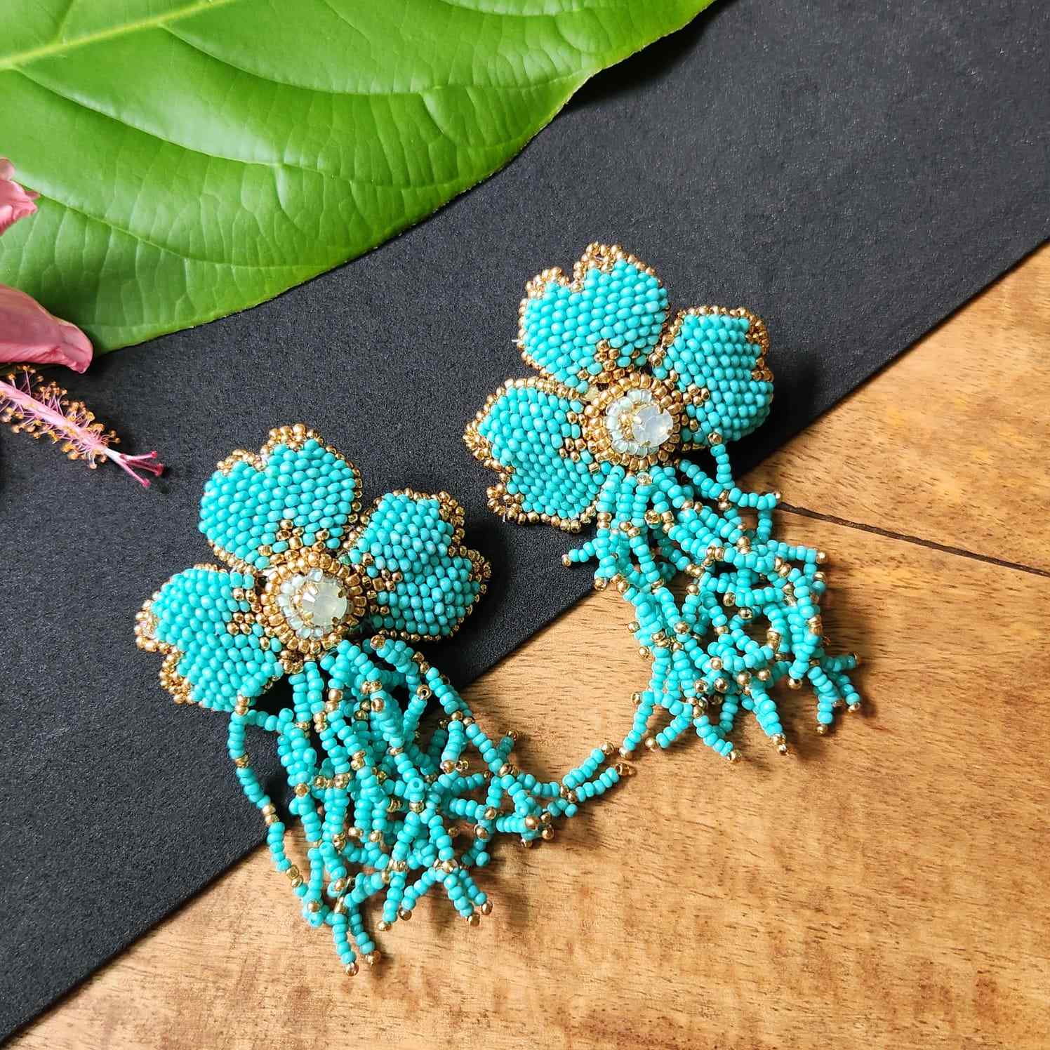 floral earrings for party wear earrings in blue green gold seed beads earrings stud danglers large earrings for saree lehenga wedding sangeet mehendi reception party earrings
