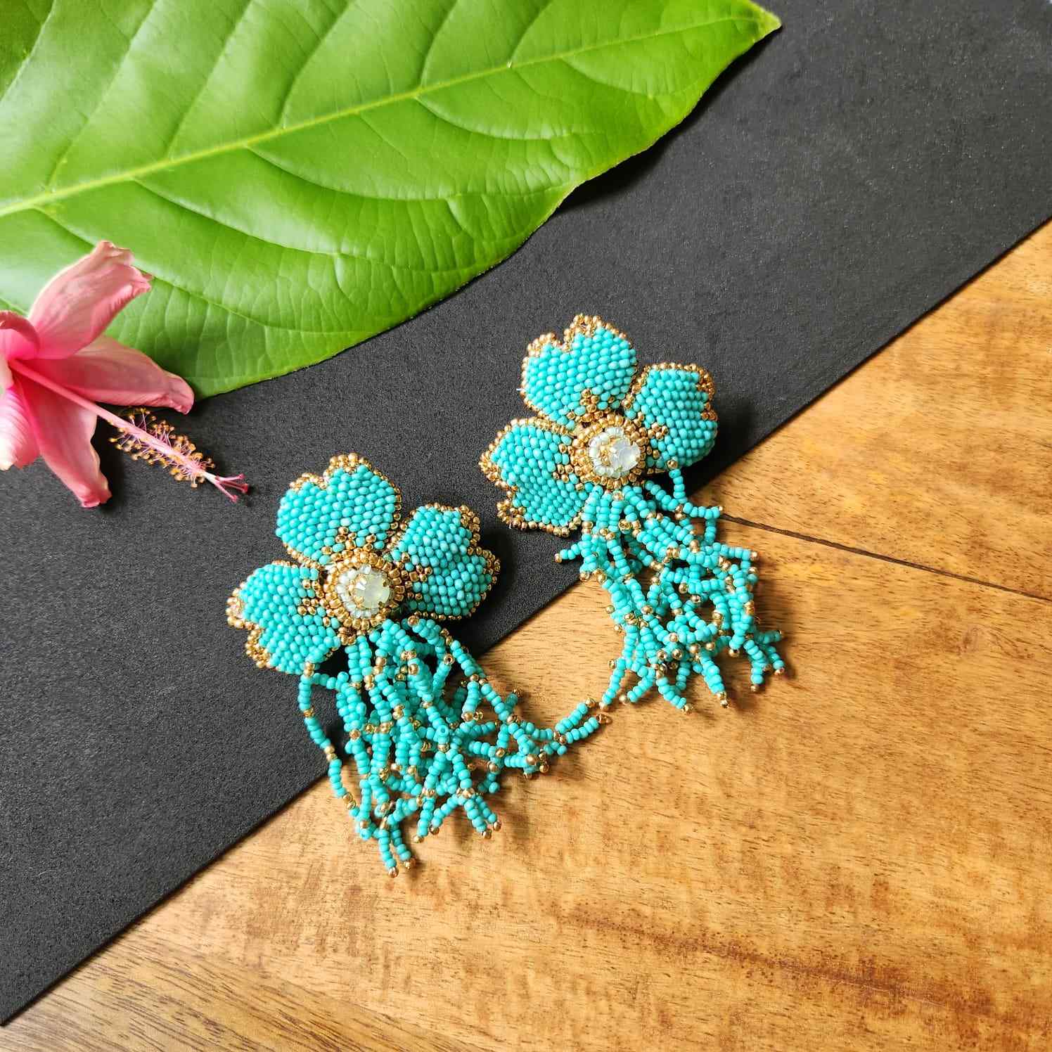 floral earrings for party wear earrings in blue green gold seed beads earrings stud danglers large earrings for saree lehenga wedding sangeet mehendi reception party earrings