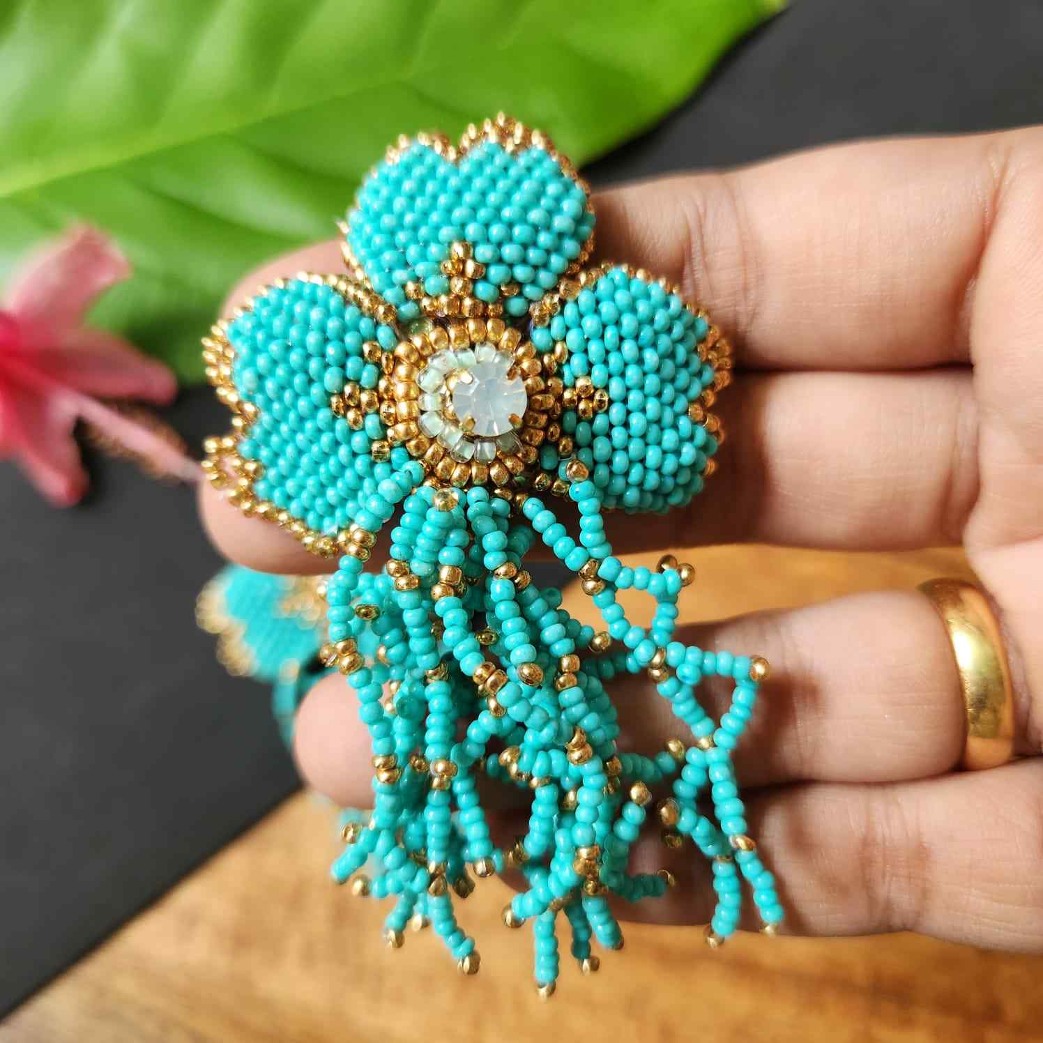 floral earrings for party wear earrings in blue green gold seed beads earrings stud danglers large earrings for saree lehenga wedding sangeet mehendi reception party earrings