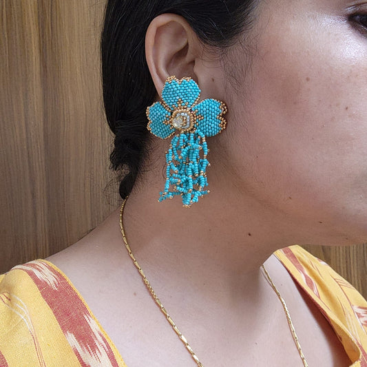 floral earrings for party wear earrings in blue green gold seed beads earrings stud danglers large earrings for saree lehenga wedding sangeet mehendi reception party earrings