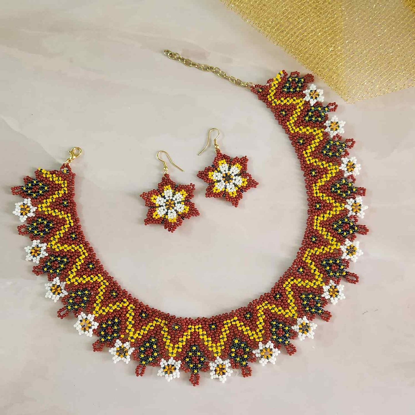 brick red necklace yellow bead jewellery daisy necklace set floral necklace casual wear jewellery for office formal wear wedding jewellery for mehndi sangeet haldi