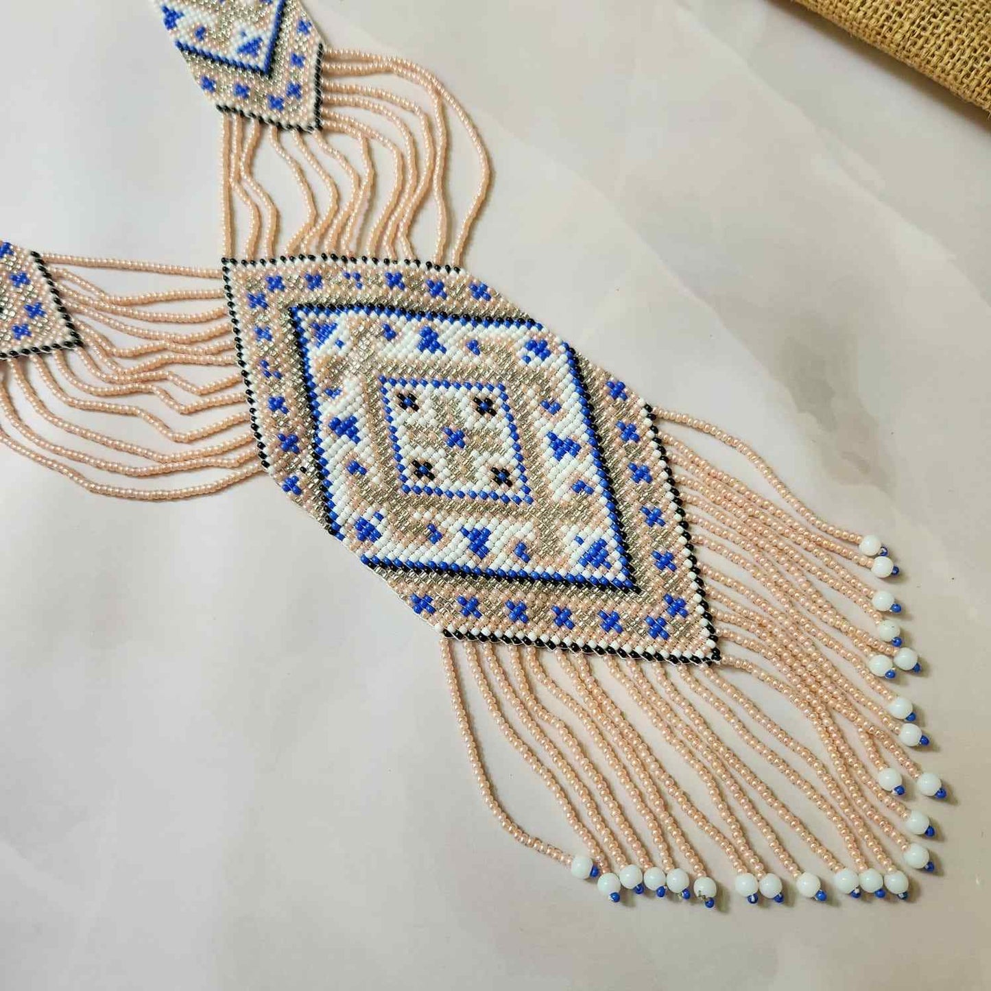 pink pastel bead necklace set layered necklace geometric pattern native american design necklace for office wear party wear wedding haldi mehndi sangeet jewellery