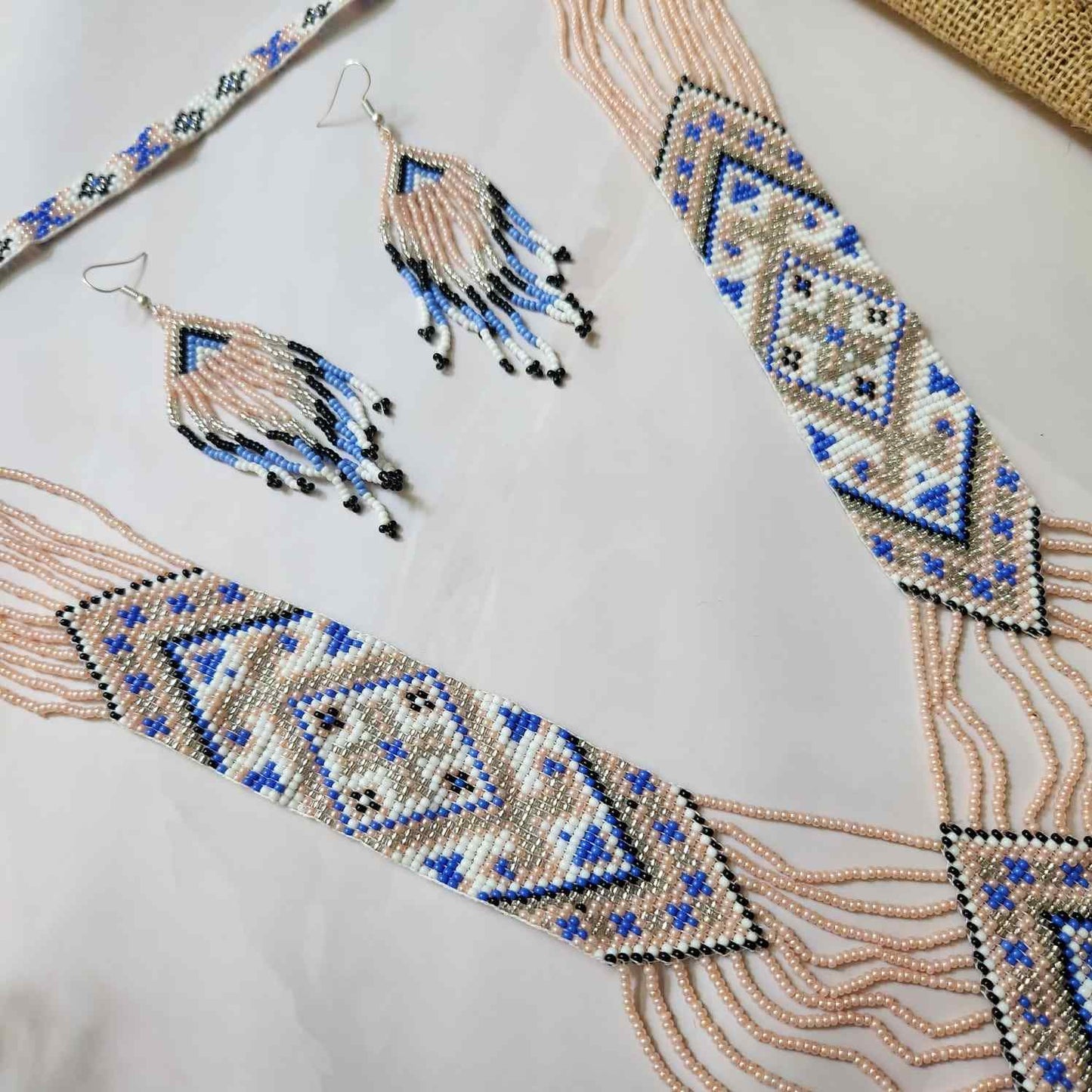 pink pastel bead necklace set layered necklace geometric pattern native american design necklace for office wear party wear wedding haldi mehndi sangeet jewellery