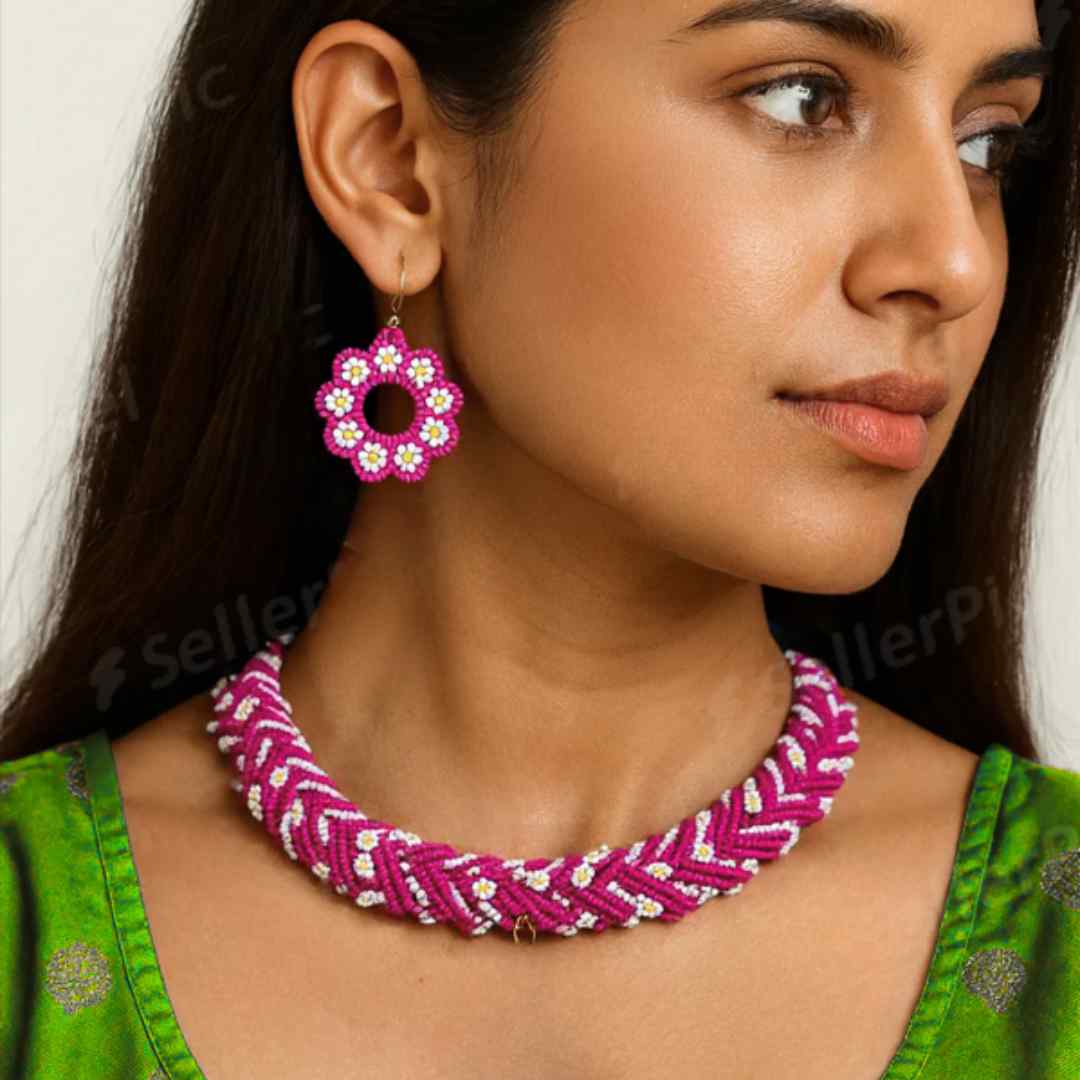 model wearing floral necklace bead jewellery short necklace daisy flower motif partywear necklace floral earrings