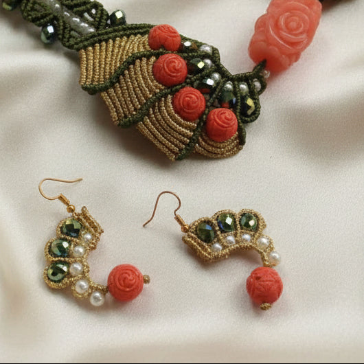 coral gold and green bead winged necklace earrings set