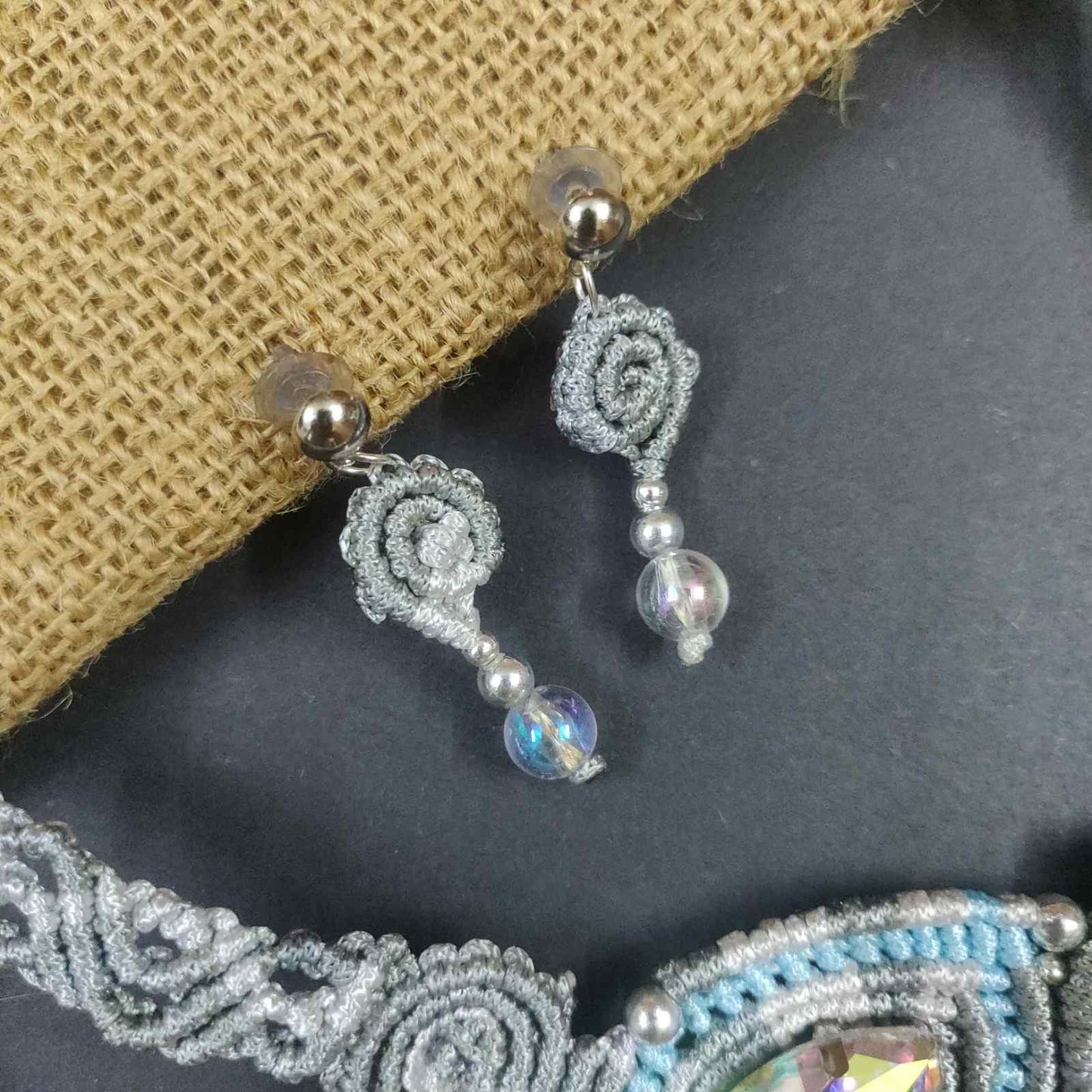 macrame necklace stud earrings stone necklace grey necklace neutral colour jewellery statement necklace