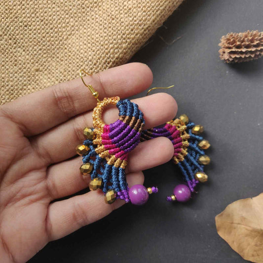 bead earrings macrame earrings thread earrings twisted earrings blue purple magenta earrings