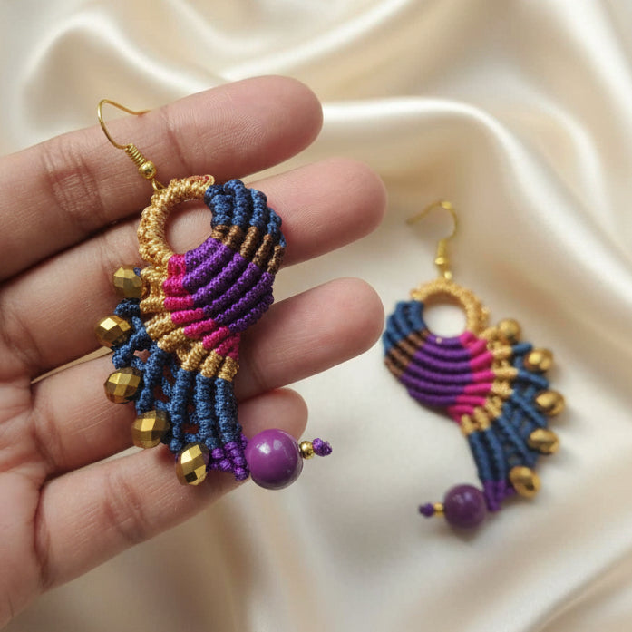bead earrings macrame earrings thread earrings twisted earrings blue purple magenta earrings
