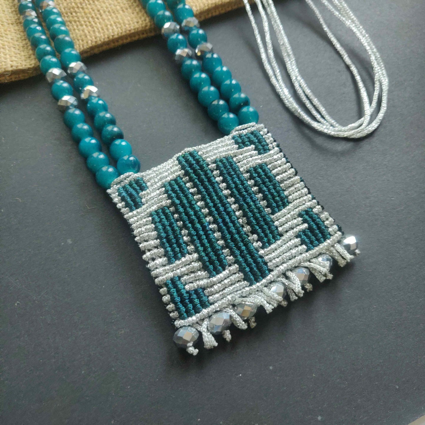 long bead necklace silver necklace set geometric pattern pendant necklace set teal jewellery square necklace