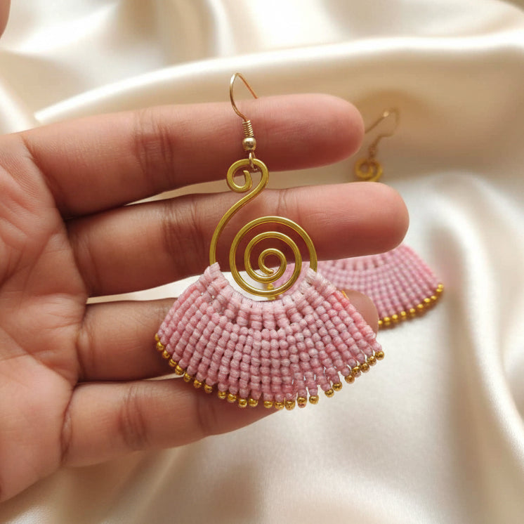 brass earrings macrame earrings baby pink earrings party wear earrings gold earrings