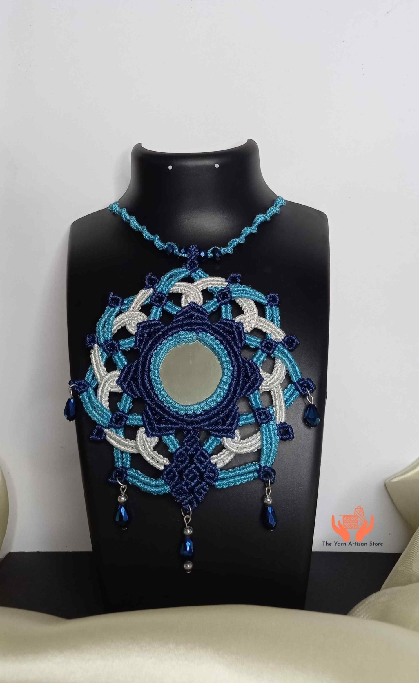 Macrame Mirror Work Mandala Necklace and Earrings Set in Blue and White